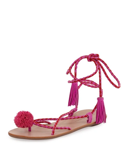 Loeffler Randall Bo Pompom Flat Lace-up Sandal, Magenta