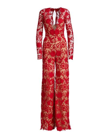 Naeem Khan Long-sleeve Plunging Lace Jumpsuit, Red | ModeSens