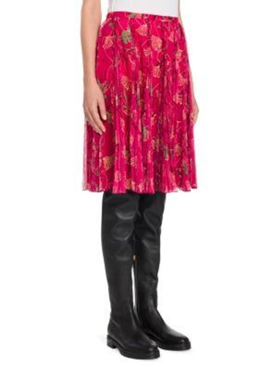 Shop Valentino Lotus-print Silk Skirt In Raspberry