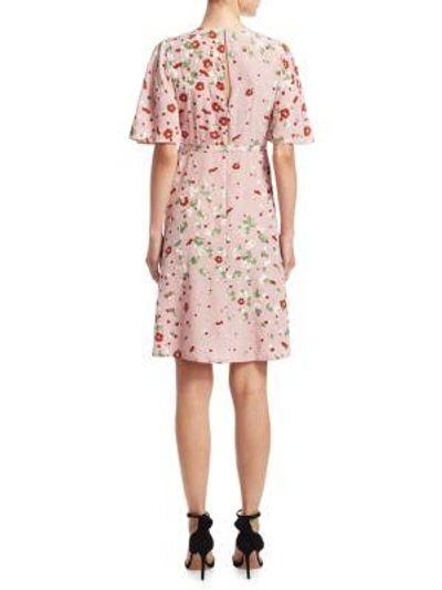 Shop Valentino Flutter Sleeve Pleated Dasiy-print Silk Dress In Soft Pink