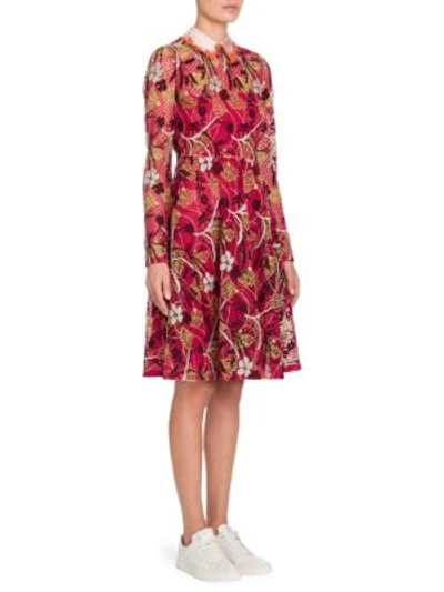 Valentino Macrame Lace Dress W/embroidered Collar, Pink Pattern In Raspberry