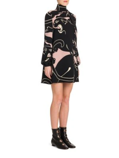 Shop Valentino Panther-print Silk Tie-neck Dress In Wild Rose