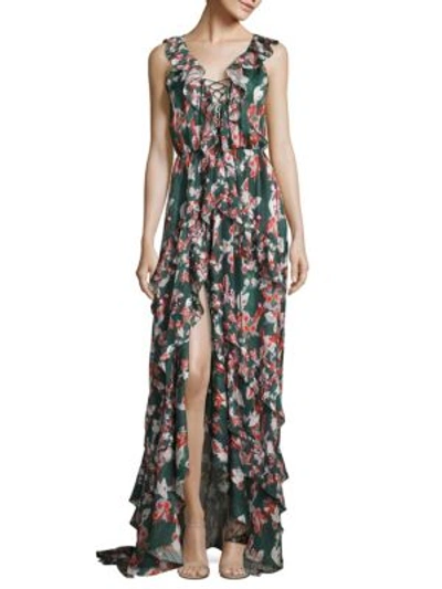 Tanya Taylor Floral Ikat Silk Stripe Oksana Dress In Hunter Green
