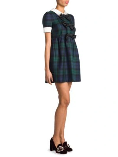 Shop Miu Miu Bow-detail Tartan Dress In Blue Green