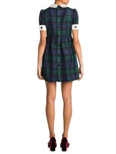 Shop Miu Miu Bow-detail Tartan Dress In Blue Green