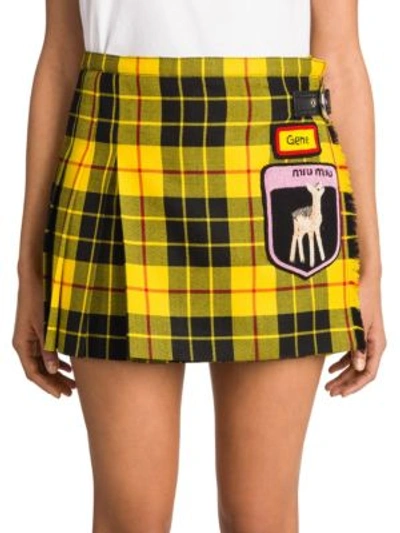 Shop Miu Miu Pleated Tartan Wool Patched Mini Skirt In Yellow Black