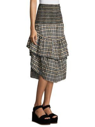 Shop Ganni Charron Tiered Plaid Midi Skirt In Cuban Sand