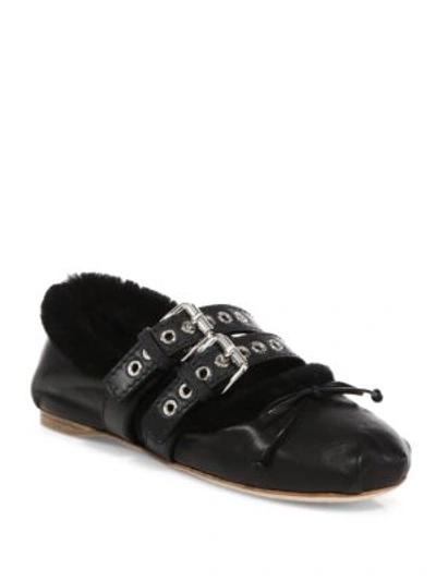 Shop Miu Miu Double-strap Leather & Shearling Ballet Flats In Black