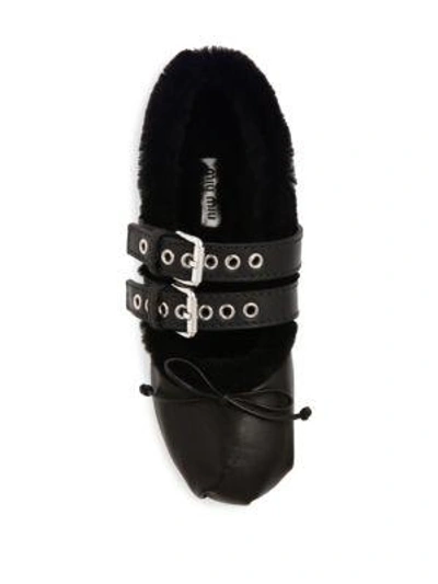 Shop Miu Miu Double-strap Leather & Shearling Ballet Flats In Black