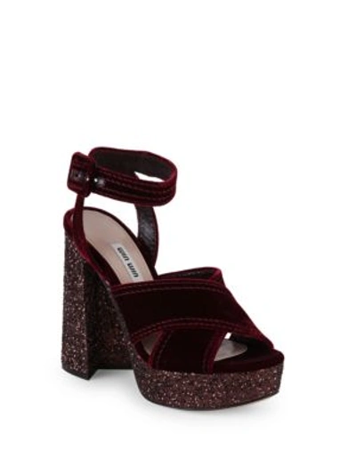 Shop Miu Miu Glitter & Velvet Platform Ankle-strap Sandals In Bordeaux