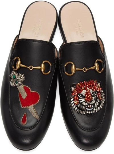 Shop Gucci Black Tiger And Pierced Heart Princetown Slippers In 1000 Black