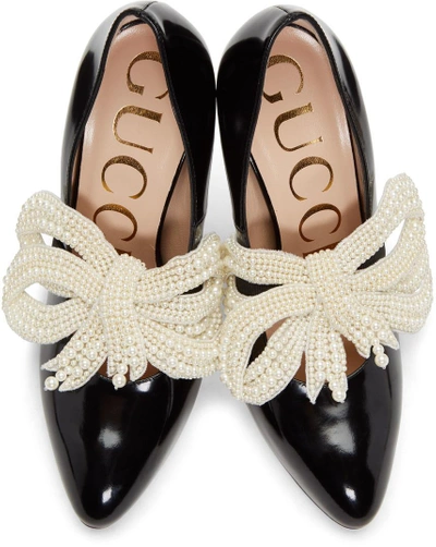 Shop Gucci Black Pearl Bow Elaisa Heels