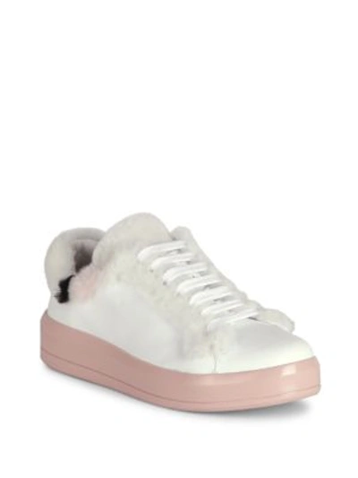Shop Prada Shearling-trimmed Leather Sneakers In Bianco Orchidea