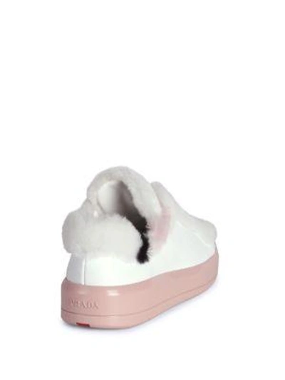 Shop Prada Shearling-trimmed Leather Sneakers In Bianco Orchidea