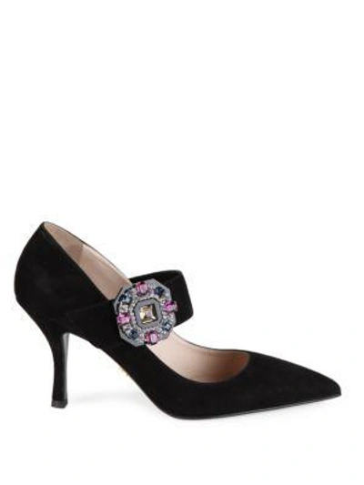 Shop Prada Jeweled Velvet Mary Jane Pumps In Nero