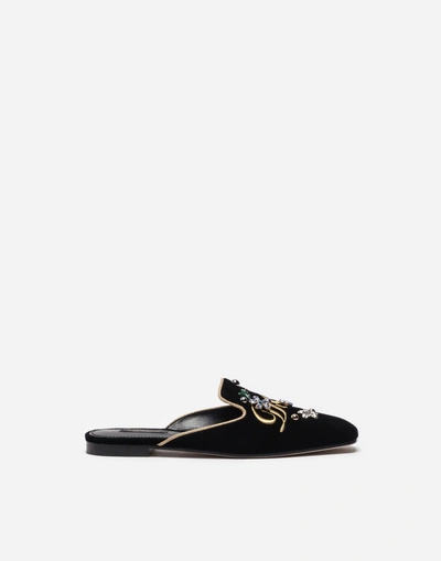 Shop Dolce & Gabbana Printed Brocade Slippers With Bejeweled Buckle In Black