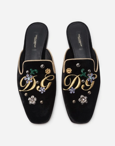 Shop Dolce & Gabbana Printed Brocade Slippers With Bejeweled Buckle In Black