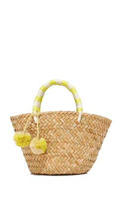 Kayu St Tropez Mini Pompom-embellished Embroidered Woven Straw Tote In Yellow
