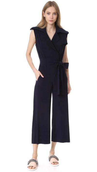 Norma Kamali Sleeveless Double-breasted Trench Cropped Jumpsuit In Midnight