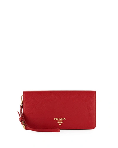 Prada Saffiano Flap Phone Wristlet Wallet W/ Crossbody Strap In Red