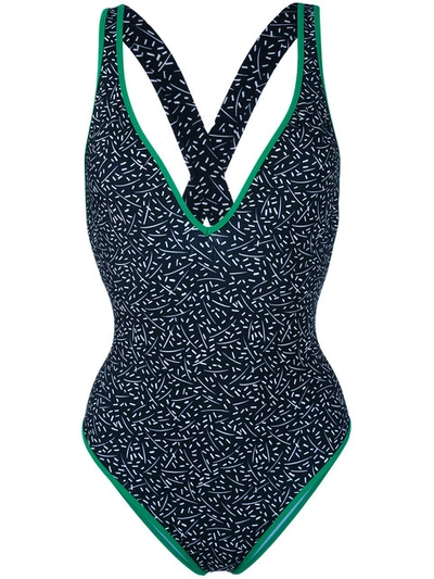 Diane Von Furstenberg V-neck Cross-back One-piece Swimsuit, Black/green In Multi