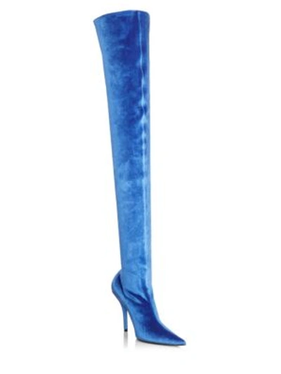 Shop Balenciaga Stretch Velvet Over-the-knee Boots In Blue