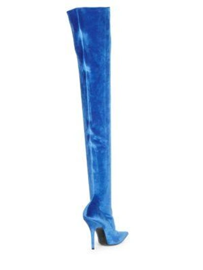 Shop Balenciaga Stretch Velvet Over-the-knee Boots In Blue