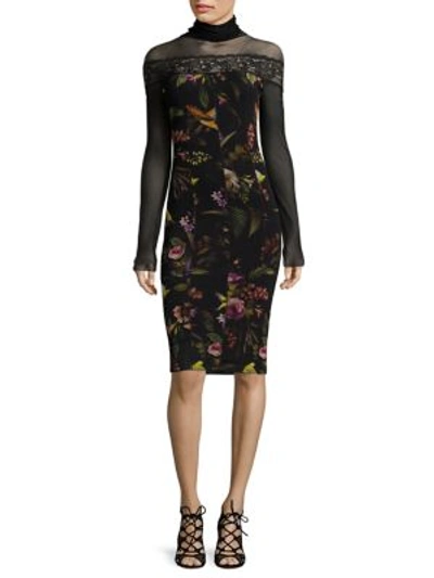 Fuzzi Long-sleeve Mesh-yoke Floral-print Sheath Dress, Black Multi