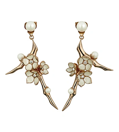 Shaun Leane Cherry Blossom Rose-gold Vermeil, Ivory Enamel, Pearl And Diamond Branch Earrings Large In Silver