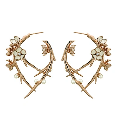 Shaun Leane Cherry Blossom Rose-gold Vermeil, Ivory Enamel, Pearl And Diamond Hoop Earrings