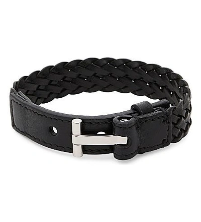 Shop Tom Ford Woven Single Wrap Leather Bracelet In Black/silver