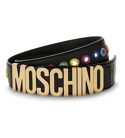 Shop Moschino Embellished Leather Belt In Black