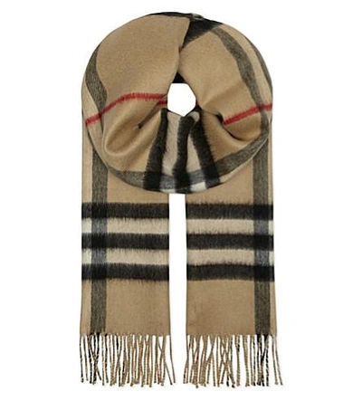 Shop Burberry Metallic Checked Reversible Cashmere Scarf In Camel