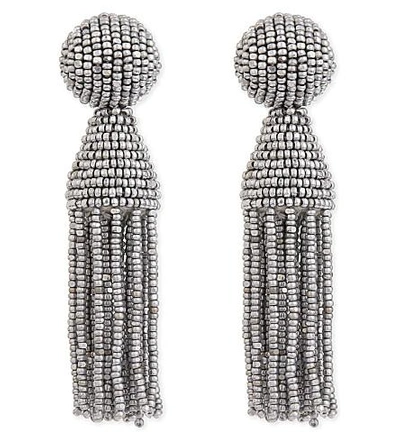 Shop Oscar De La Renta Classic Beaded Tassel Clip-on Earrings In Silver
