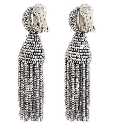 Shop Oscar De La Renta Classic Beaded Tassel Clip-on Earrings In Silver