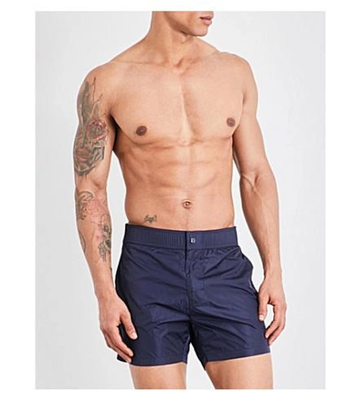 Shop Moncler Logo-waistband Swim Shorts In Navy