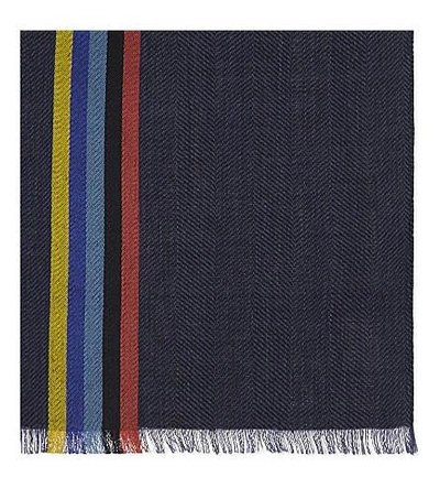 Shop Paul Smith Herringbone And Stripe Wool-blend Scarf In Navy