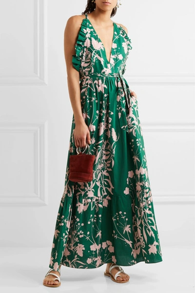 Shop Borgo De Nor Violeta Ruffle-trimmed Printed Cotton-poplin Maxi Dress In Green