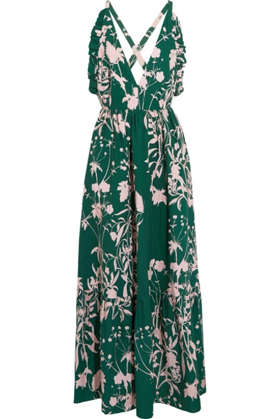 Shop Borgo De Nor Violeta Ruffle-trimmed Printed Cotton-poplin Maxi Dress In Green