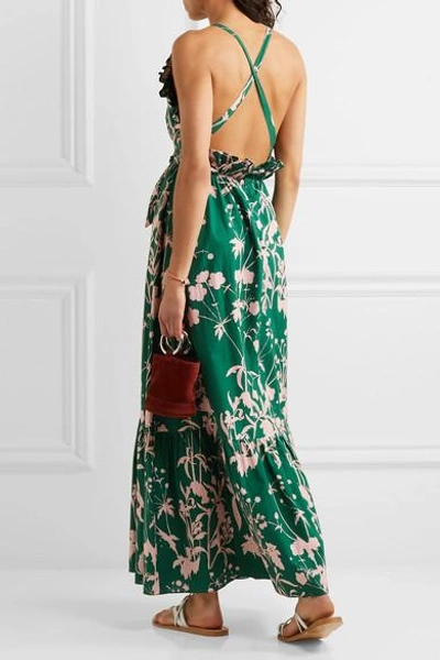 Shop Borgo De Nor Violeta Ruffle-trimmed Printed Cotton-poplin Maxi Dress In Green