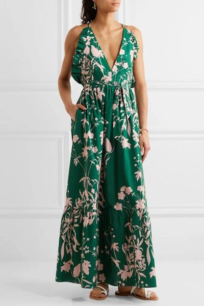 Shop Borgo De Nor Violeta Ruffle-trimmed Printed Cotton-poplin Maxi Dress In Green