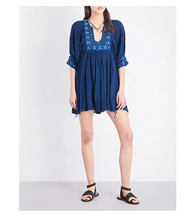 Shop Free People Kalypso Cotton-blend Mini Dress In Blue