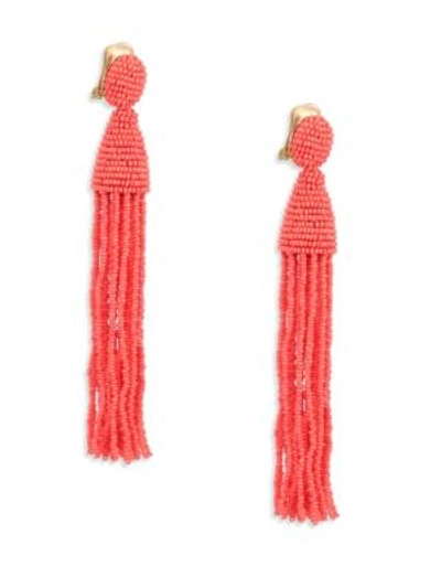 Shop Oscar De La Renta Long Beaded Tassel Clip-on Earrings In Coral