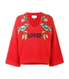 GUCCI Red 'Loved Bird' Embroidered Top,698550147772465725