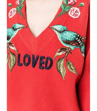 Shop Gucci Red 'loved Bird' Embroidered Top