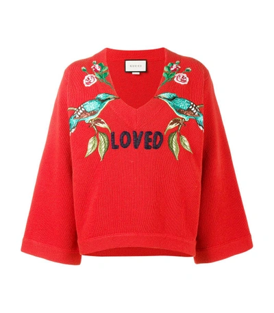 Shop Gucci Red 'loved Bird' Embroidered Top