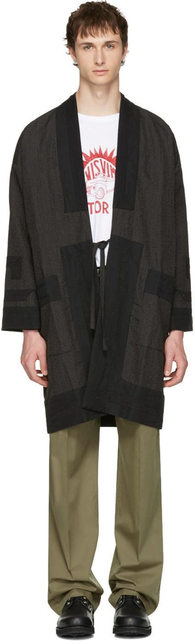 Black Pinstripe Ruunpe Coat In Charcoal