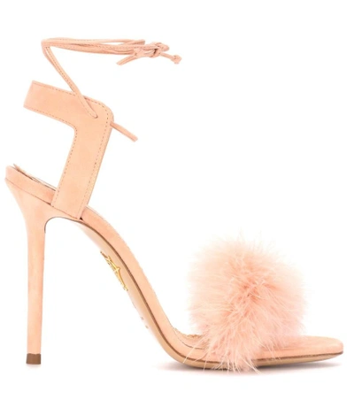 Shop Charlotte Olympia Salsa 110 Feather-trimmed Suede Sandals In Pink