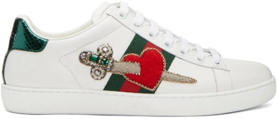 Shop Gucci White Pierced Heart Ace Sneakers