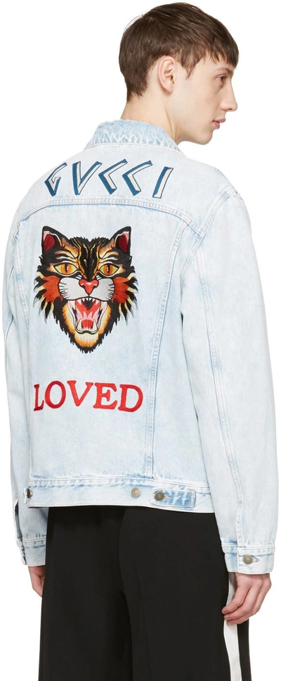Shop Gucci Blue Denim 'loved' Angry Cat Embroidery Jacket